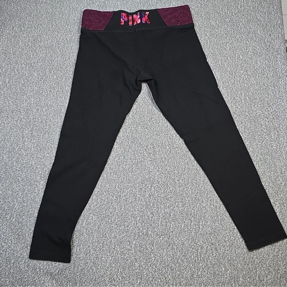 PINK Victoria's Secret PINK Yoga Leggings Black Purple Logo Waist L/G High